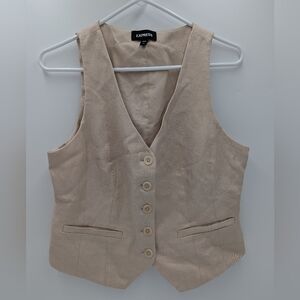 Express Beige Linen Blend Button Front Tailored Vest Waistcoat Top Neutral Sz M